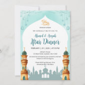 Waterverf Moskee Mint Teal & Goud Ramadan Iftar Kaart (Voorkant)