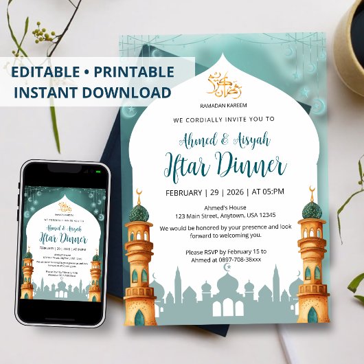 Waterverf Moskee Mint Teal & Goud Ramadan Iftar Kaart