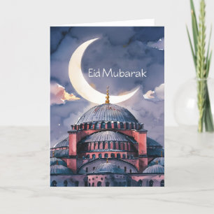 Waterverf Moskeemaan Eid Mubarak Halvemaan Feestdagen Kaart