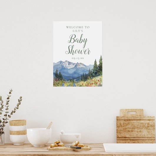 Waterverf Mountain Baby shower Welkomstbord Poster (Keuken)
