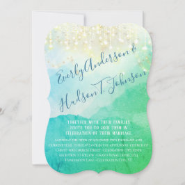 Waterverf Mountain Blue Green Gold Fairy Lights Kaart