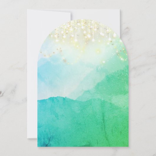 Waterverf Mountain Blue Green Gold Fairy Lights Kaart (Achterkant)