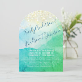 Waterverf Mountain Blue Green Gold Fairy Lights Kaart