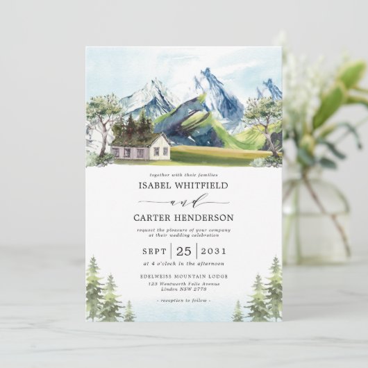 Waterverf Mountain Boho Forest Wedding Kaart (Staand voorkant)