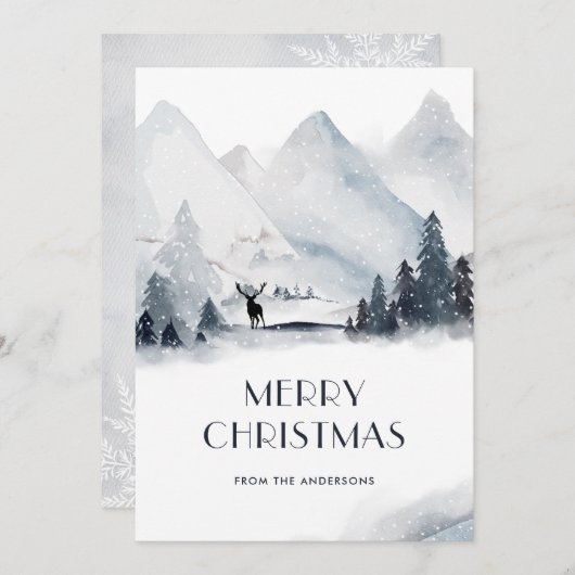 Waterverf Mountain Deer Snowflake-kerstkaarten Feestdagenkaart (Voorkant / Achterkant)