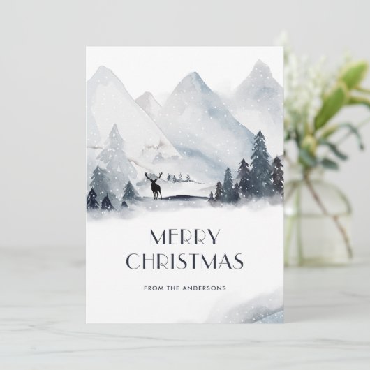 Waterverf Mountain Deer Snowflake-kerstkaarten Feestdagenkaart (Staand voorkant)