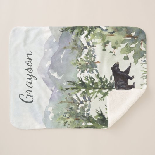 Waterverf Mountain Forest Beer Personalized Boy Sherpa Deken (Voorkant (horizontaal))