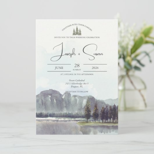 Waterverf Mountain Forest Bomen Meer Bruiloft Kaart (Staand voorkant)