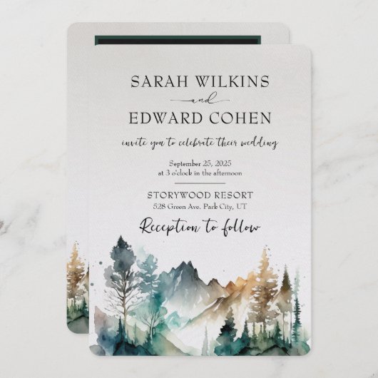 Waterverf Mountain Forest bruiloft uitnodiging (Voorkant / Achterkant)
