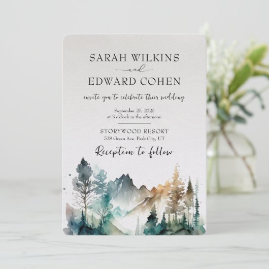 Waterverf Mountain Forest bruiloft uitnodiging (Staand voorkant)
