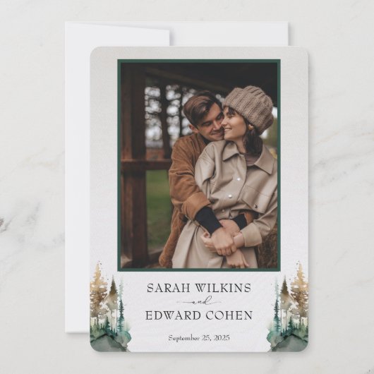 Waterverf Mountain Forest bruiloft uitnodiging (Achterkant)