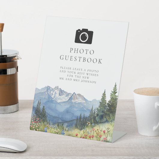 Waterverf Mountain Foto Gastenboek Bruiloft Reclamebord Met Voetstuk (Insitu)