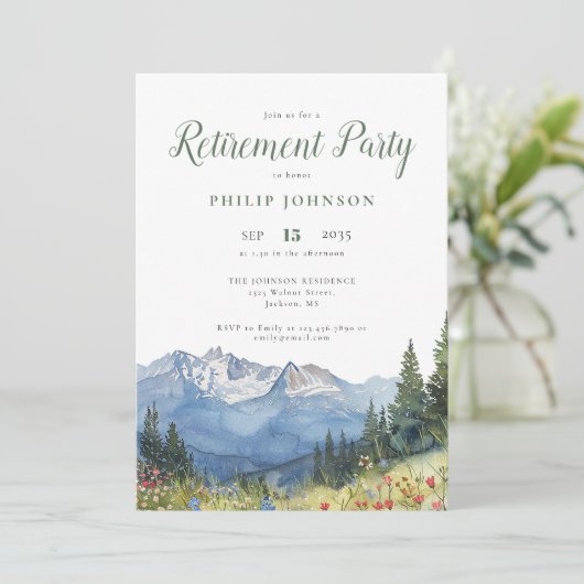 Waterverf Mountain Foto Retirement Party Kaart (Staand voorkant)
