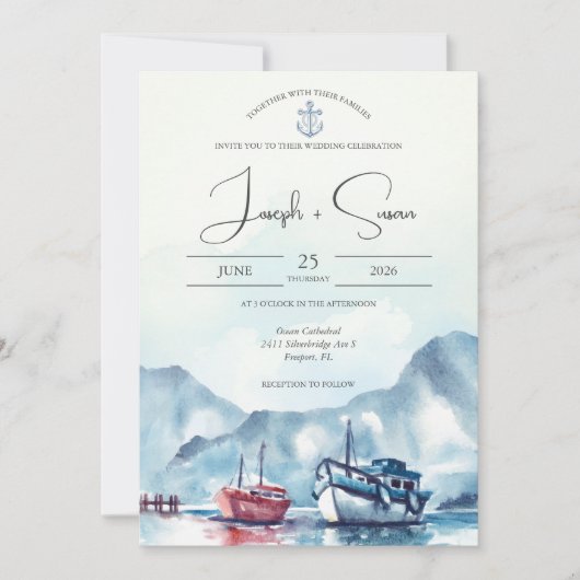 Waterverf Mountain Glacier Boat Anker Bruiloft Kaart (Voorkant)