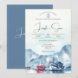 Waterverf Mountain Glacier Boat Anker Bruiloft Kaart