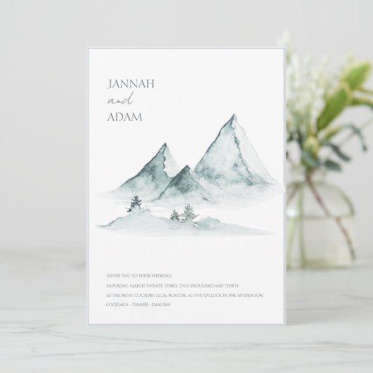 Waterverf Mountain Green en White Winter Bruiloft Kaart (Staand voorkant)