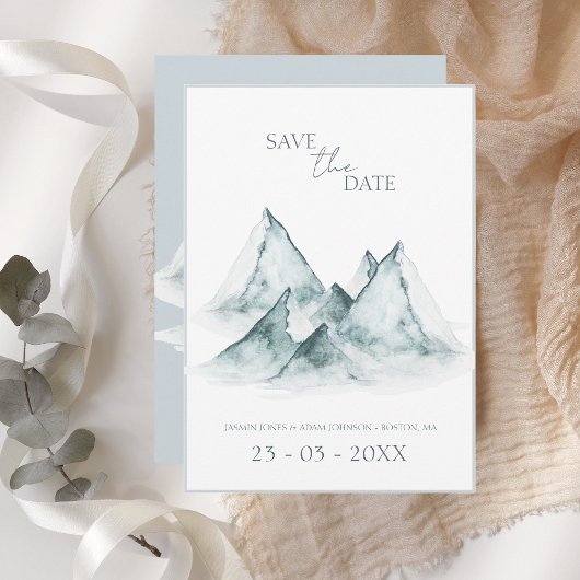 Waterverf Mountain Green en White Winter Bruiloft Save The Date