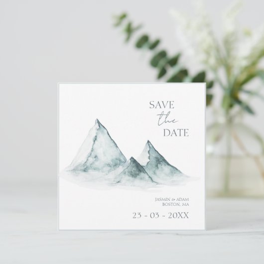 Waterverf Mountain Green Winter Bruiloft Save The Date (Staand voorkant)