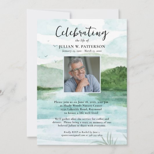 Waterverf Mountain Lake Celebration of Life Foto Kaart (Voorkant)