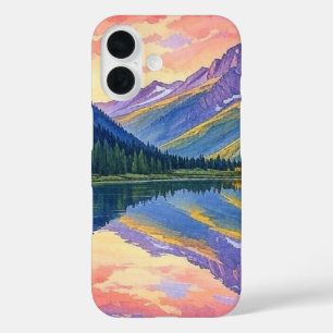 Waterverf Mountain Lake Landschap iPhone 16 Hoesje