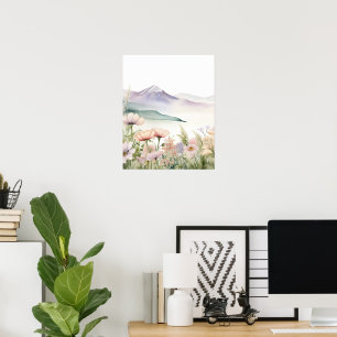 Waterverf Mountain Landschap Wildflower Pos Poster
