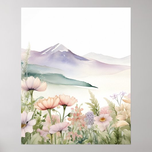 Waterverf Mountain Landschap Wildflower Pos Poster (Voorkant)