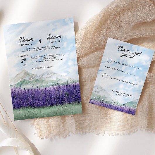 Waterverf Mountain Lavendel Bruiloft Modern RSVP Kaartje