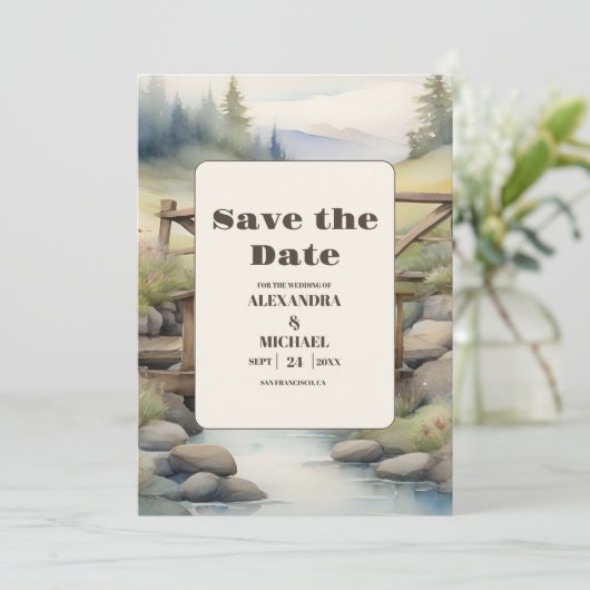 Waterverf Mountain Meadow Bruiloft Save The Date (Staand voorkant)