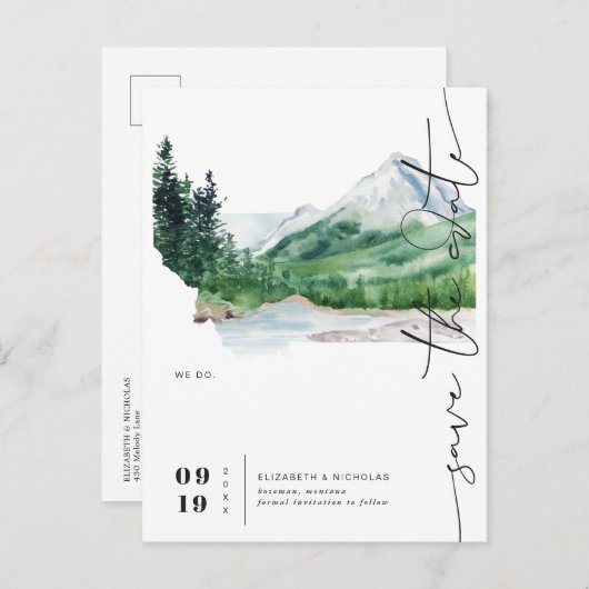 Waterverf Mountain | Montana-kaart Opslaan datum Aankondigingskaart (Voorkant / Achterkant)