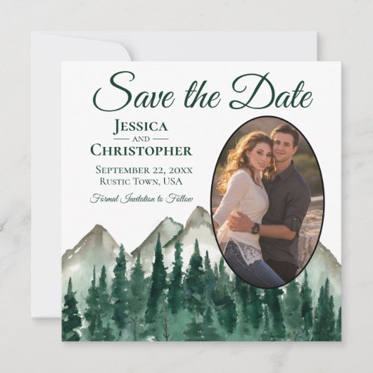 Waterverf Mountain Pine Forest Oval Photo Weddensc Save The Date (Voorkant)