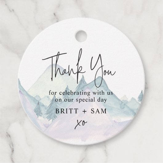 Waterverf Mountain Pine Tree Outdoor bruiloft Bedankjes Labels (Voorkant)