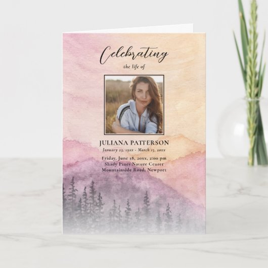 Waterverf Mountain Pines Funeral Order of Service Programma (Voorkant)