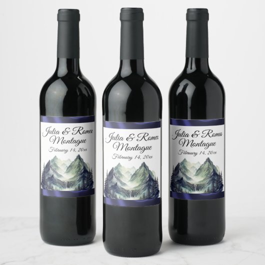 Waterverf Mountain & Ribbon bruiloft Wijn Etiket (Flessen)
