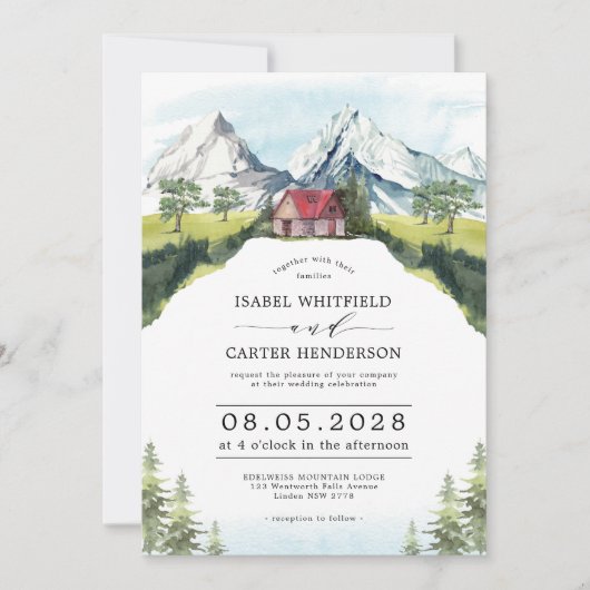 Waterverf Mountain Rustic Forest Wedding Invitati Kaart (Voorkant)