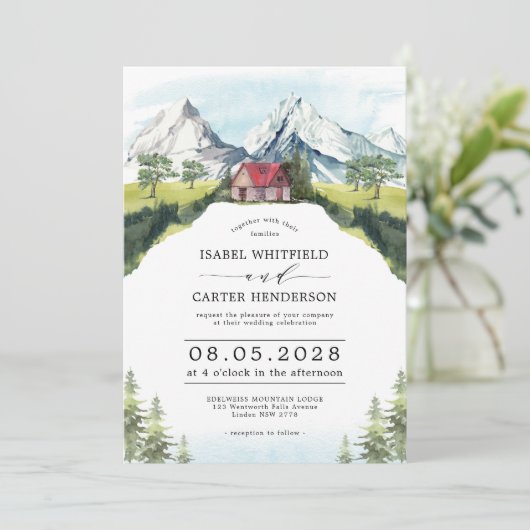 Waterverf Mountain Rustic Forest Wedding Invitati Kaart (Staand voorkant)