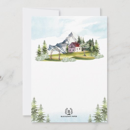 Waterverf Mountain Rustic Forest Wedding Invitati Kaart (Achterkant)
