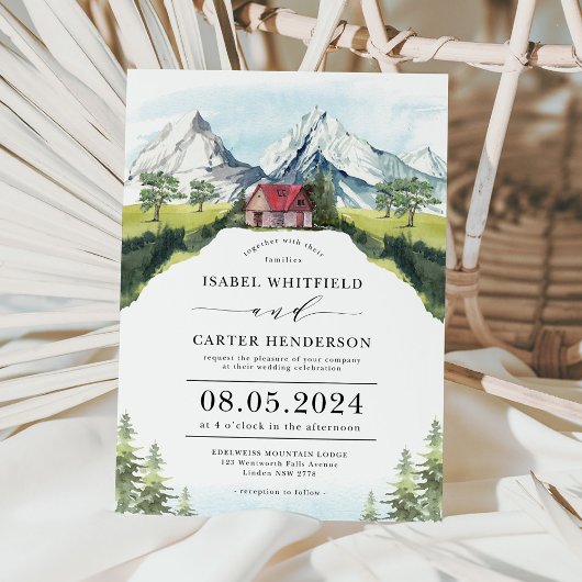 Waterverf Mountain Rustic Forest Wedding Invitati Kaart