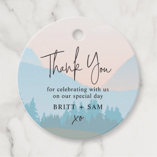 Waterverf Mountain Scene Outdoor Bruiloft Bedankjes Labels (Voorkant)