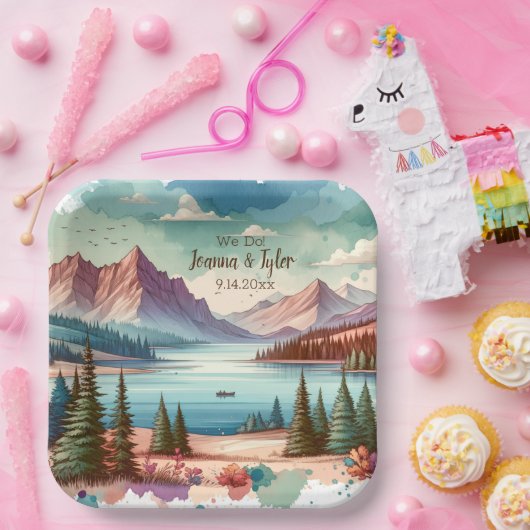 Waterverf Mountain Uitzichten bruiloft Papieren Bordje (Feest)
