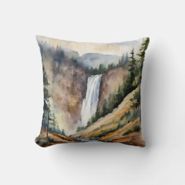 Waterverf Mountain Waterfall Trees Natuur Scene Kussen