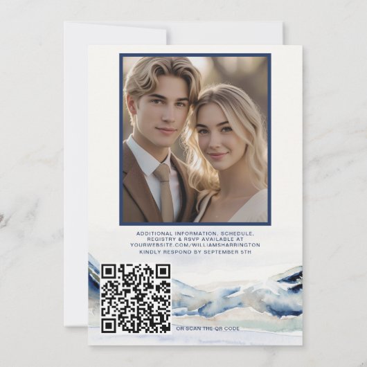 Waterverf Mountain Wedding Invitation QR-code Kaart (Achterkant)