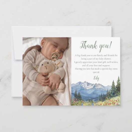 Waterverf Mountain Wildflower Baby shower Foto Bedankkaart (Voorkant)