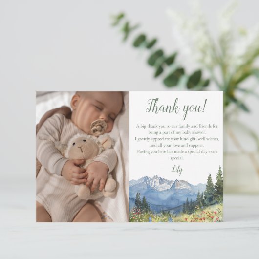 Waterverf Mountain Wildflower Baby shower Foto Bedankkaart (Staand voorkant)