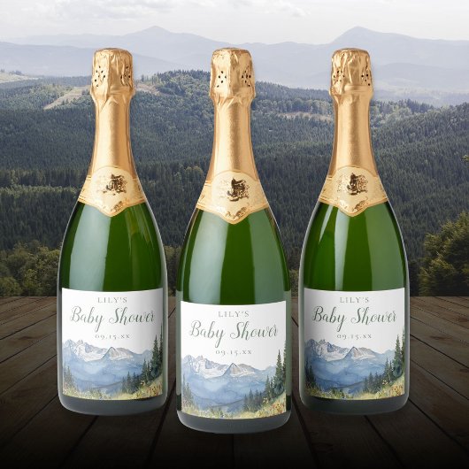 Waterverf Mountain Wildflower Baby shower Sparkling Wijnetiket