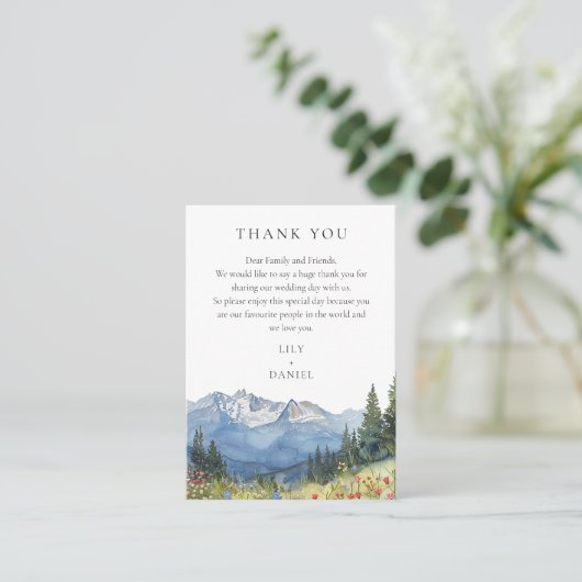Waterverf Mountain Wildflower bruiloft dank u Plaatskaartje (Staand voorkant)