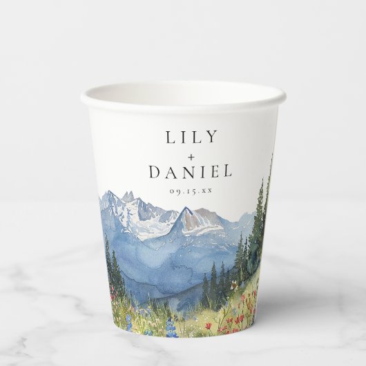 Waterverf Mountain Wildflower Floral Wedding Papieren Bekers (Achterkant)