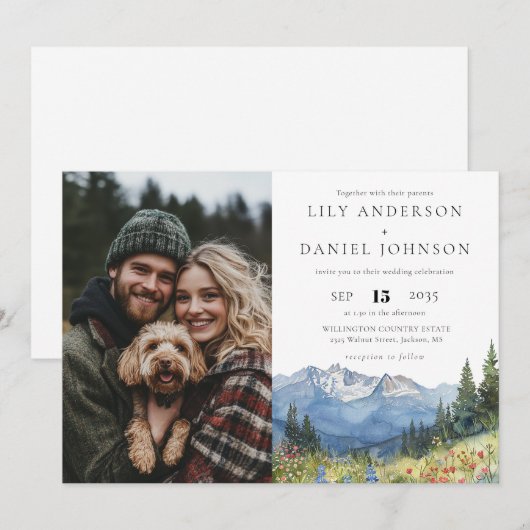 Waterverf Mountain Wildflower foto bruiloft Kaart (Voorkant / Achterkant)