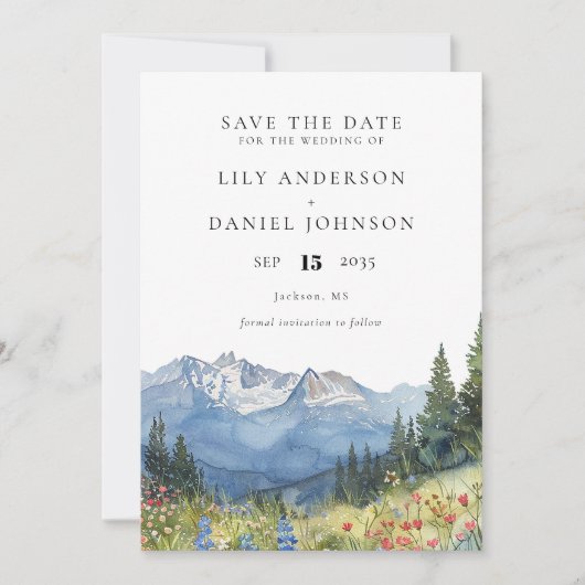 Waterverf Mountain Wildflower foto bruiloft Save The Date (Voorkant)