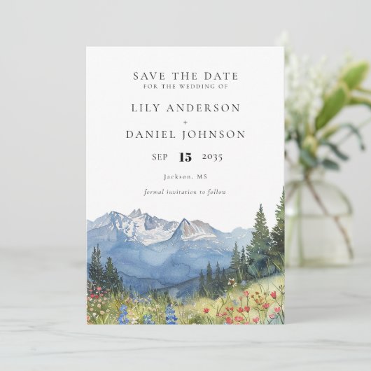 Waterverf Mountain Wildflower foto bruiloft Save The Date (Staand voorkant)
