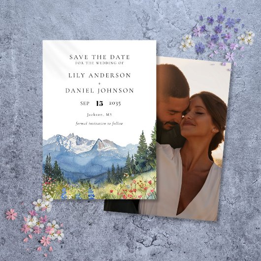Waterverf Mountain Wildflower foto bruiloft Save The Date
